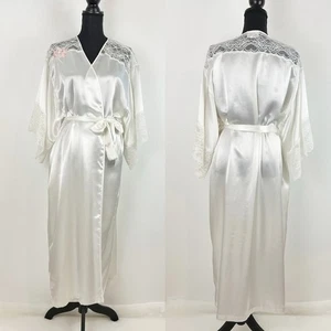 Vintage Val Mode Lingerie Robe White Silky Lace Floral Embroidered Large - Picture 1 of 9
