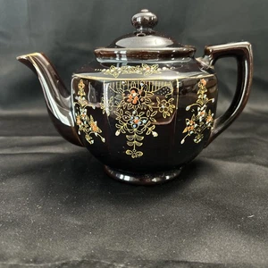 Vintage Brown Teapot Enamel Hand Painted Made In Japan - Picture 1 of 9