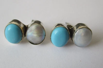 Sterling silver earrings turquoise & blister pearl - studs - Image 1 of 4