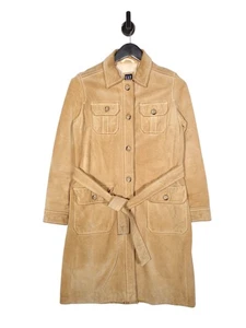 Y2K GAP Calf Suede Overcoat Size Small Petite Women's Tan Belted Long - Picture 1 of 12