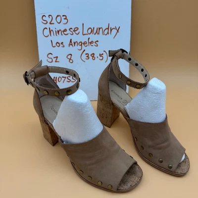 Chinese Laundry Women Sz 8 Tan Suede Studded Cork Block Heel Ankle Strap Sandals - Image 1 of 4