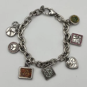 Brighton Vintage Charming World Peace Heart Silver Charm Bracelet 9" Retired EUC - Picture 1 of 9
