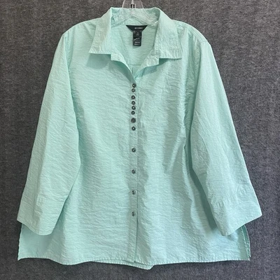 Top Ali Miles para mujer 1X túnica verde arrugada texturizada de gran tamaño con botones Lagenlook Foto 1 de 4
