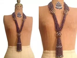Multi-Strand Iridescent Purple Bead Tassel Necklace w Large FILIGREE Balls - Picture 1 of 6