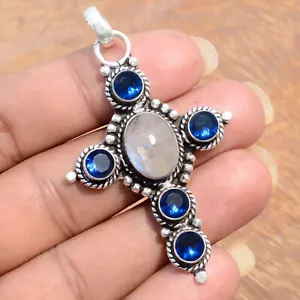Colgante de piedra lunar y tanzanita de plata de ley 925 con cruz de trabajo diferente - Imagen 1 de 8