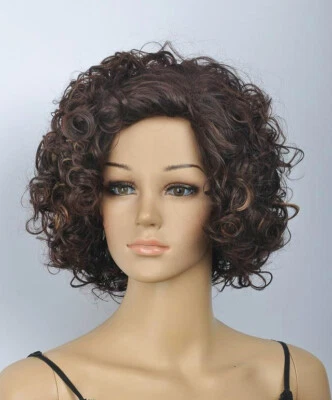 Venta Caliente Nueva Moda Marrón Oscuro Corto Rizado Mujeres Dama Peluca de Pelo Pelucas + Gorra Peluca Foto 1 de 4