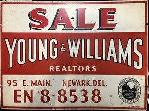 Vtg Realtor Sign Young & Williams Newark Delaware National Assoc. Realtors Ad - Picture 1 of 7