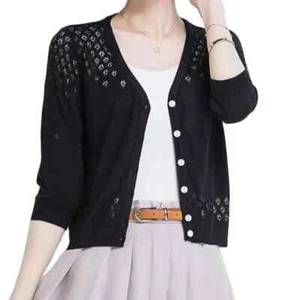 Women's Knit Sweater 3/4 Sleeve Shrugs V Neck Button Down Cardigan Crop Tops Sz - Picture 1 of 30