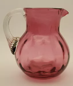 Vtg Pilgrim Glass Cranberry Clear Ribbed Handle Hand Blown Pitcher Creamer 3.5” - Picture 1 of 6