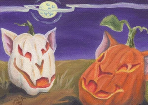 Cat skull Pumpkin Halloween moon original ACEO mini Kim Loberg Animal art EBSQ - Picture 1 of 6