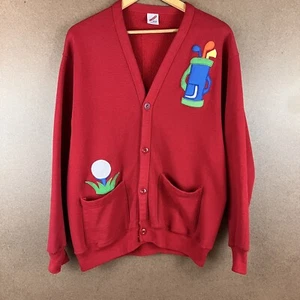 VTG 80s Jerzees Embroidered Golf Cardigan Sweatshirt Red M/L USA - Picture 1 of 6