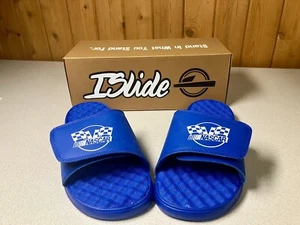 ISLIDE MANTRA Slip On Sandles NASCAR Themed Blue Size 8 Men 9 Women New In Box - Picture 1 of 5