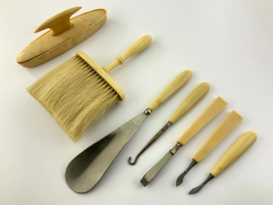 French Ivory Sewing Tools Button Hook Vanity Set Antique Celluloid Handle DD137 - Image 1 of 4