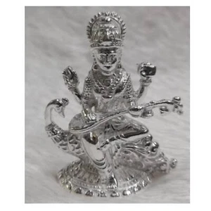 Saraswati Idol In Pure 925 Silver / Sarasvati Mata Statue In Silver - Picture 1 of 1