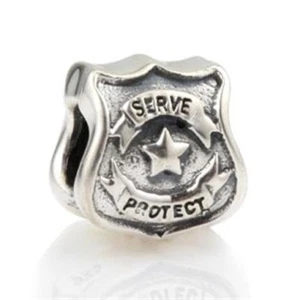 NEW 925 Sterling Silver European Bracelet Charm Bead Police Badge Serve Protect - Picture 1 of 4