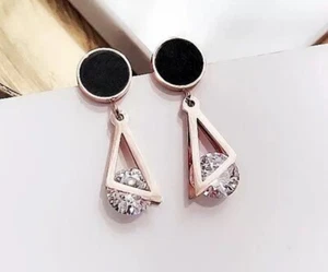 Fashion Rose Gold CZ Triangle and Circle Titanium Stainless Steel Stud Earring - Picture 1 of 4