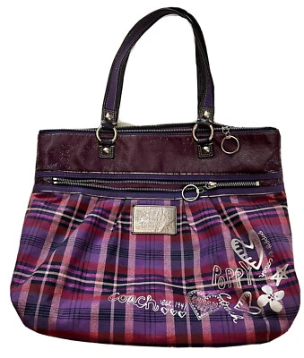 BOLSO DE VIAJE DE COMPRAS DE HOMBRO GLAMURPLE COACH AMAPOLA TARTÁN PLATEADO 15886 Foto 1 de 4