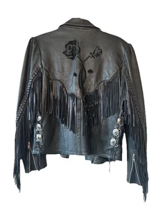 VTG Black Leather Fringe Embroidered Rose Silver Studded Western Biker Jacket SM - Picture 1 of 17