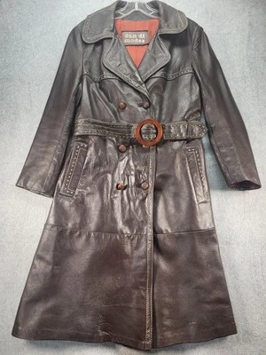 Dan Di режимы подпоясанный коричневый кожаный траншея без размера ярлык искусственно состаренные пятна винтажный  - Изображение 1 из 4