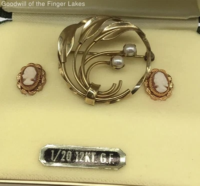 12k Yellow Gold Filled Pin w Looks To Be Pearls & Cameo Style Earrings - Image 1 of 4