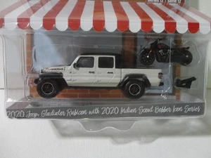 Greenlight 2020 JEEP GLADIATOR RUBICON White w/INDIAN SCOUT Hobby Shop S12 - Picture 1 of 3
