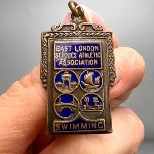 1935 Antique Swimming Medal Enamel Blue East London Schools' Athletic Associatio - Picture 1 of 8