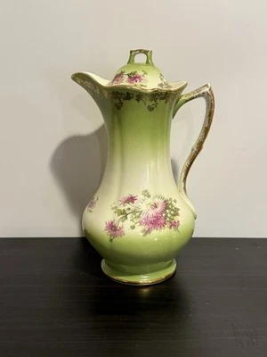 "Antigua jarra de porcelana de cerámica y chocolate rosa flores verde 10"" (chip)" Foto 1 de 4