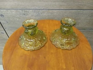 Vintage Fenton Glass Pair Of Green Cabbage Rose Candle Stick Holders - Picture 1 of 7