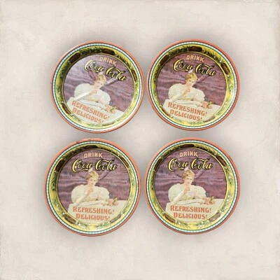 Coca Cola Vintage 75th Anniversary Set 4 Tin Coasters Hilda Clark Collectible  - Image 1 of 3