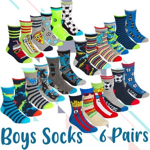 6 Pairs Boys Cotton Rich Novelty Funky Cartoon School Everyday Multipack Socks - Picture 1 of 46