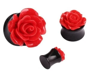Resin Red Rose Flower Punk Goth Tunnels Ear Plugs Earrings Double Flare Acrylic - Picture 1 of 4