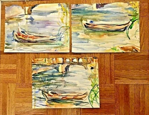 Vintage Lot Original Watercolor Sketches Boats By A Roman Aqueduct Portugal - Picture 1 of 5
