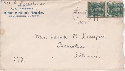 1905 USA cover from Belvidere ILL to Forreston ILL with Mi 138Y Dr, Eru stamps - Image 1 of 2
