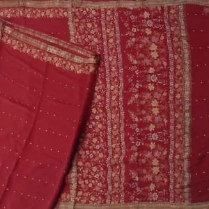 Tela artesanal vintage Zari Border Sari 6 yardas de seda crepe 100 % pura estampada en crepe rojo - Imagen 1 de 6