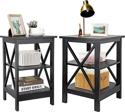 MIOO Set of 2 Side Tables X-Design 3-Tier 24" Sofa End Table w/ Storage Shelves Black