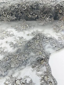 SILVER - Beaded Lace/Sequin Embroider Lace Fabric - Sold by The Yard. - Picture 1 of 3