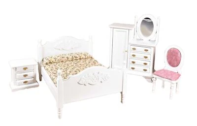 Dolls House White Double Bedroom Furniture Set with Combination Wardrobe 1:12  - Image 1 of 4