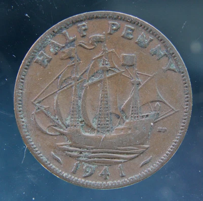 Gran Bretaña, medio centavo, moneda de bronce 1941 Foto 1 de 2