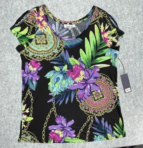 Jennifer Lopez Floral Size Large Y2K Colorful Short Sleeve Top Blouse Tunic NEW - Picture 1 of 10