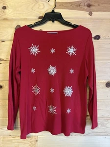 Karen Scott 1X Red Long Sleeve Holiday Shirt Amore Snowflake Embellished - Picture 1 of 8