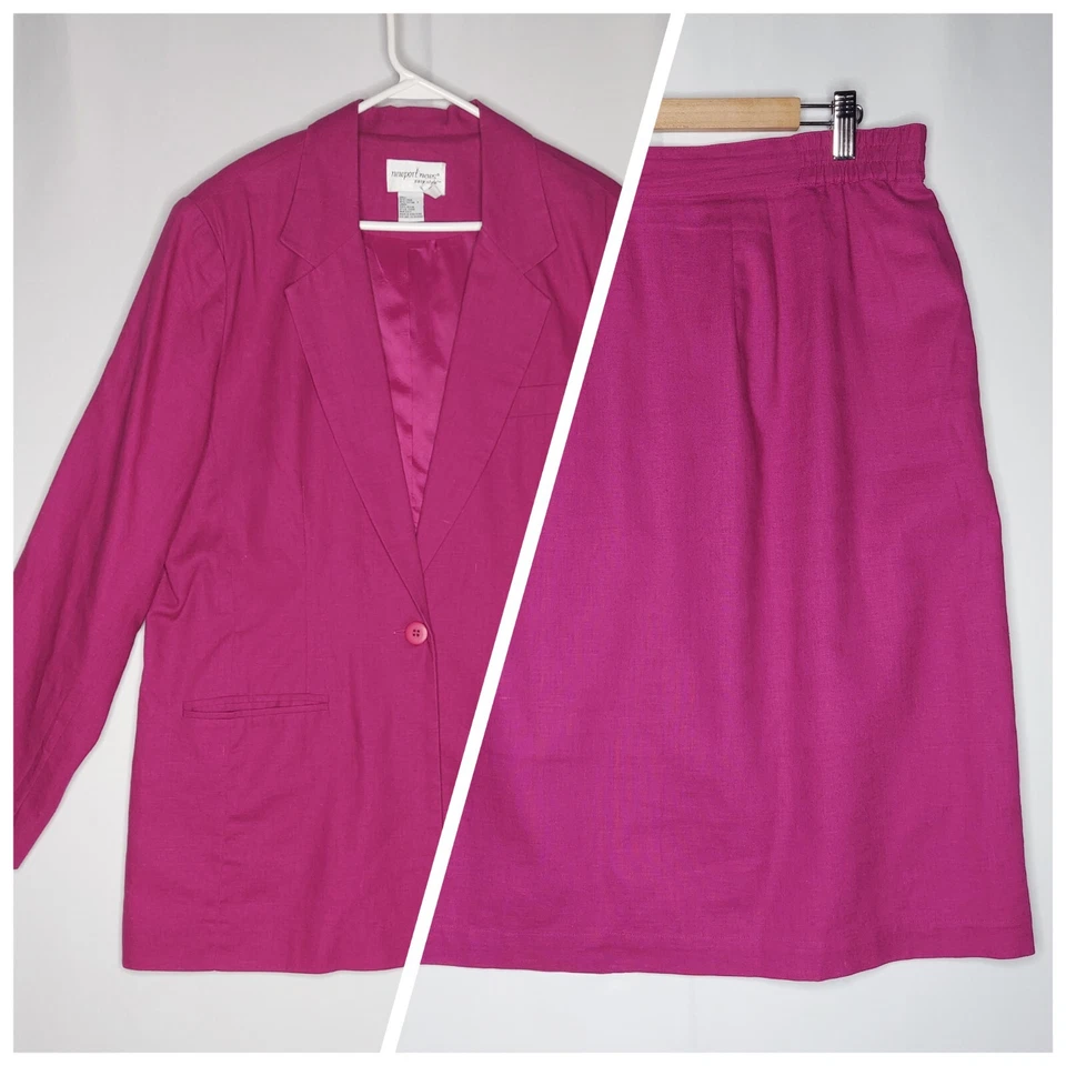 Newport News Linen-Blend Skirt Suit Set 14P Pink Button Classic Old Money vtg - Image 1 of 4