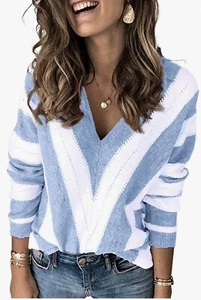 Uusollecy Women Deep V Neck Sweater, Striped Long Sleeve Sweaters, Color Block L - Picture 1 of 3