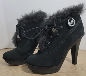 Michael Kors Boots Women's 5M Carlie Fur Trim High Heels Ankle Lace Up Black - Picture 1 of 14