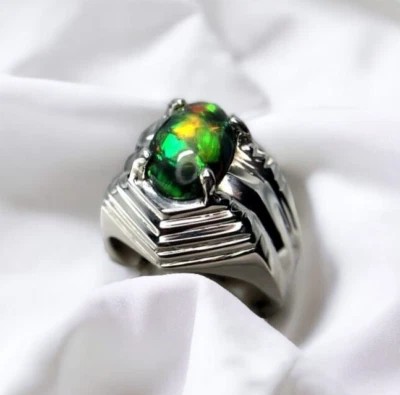 Anillo de regalo decorativo de ópalo de fuego negro natural para hombre plata 925 anillo de ópalo etíope para hombre Foto 1 de 4