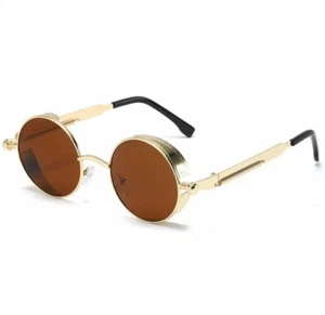 Retro Metal Gothic Steampunk Sunglasses Brown Round Polarized Glasses Gold Frame - Picture 1 of 3