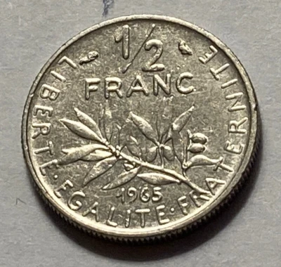 1965 República da França - 1/2 Franco - Liberdade/Igualdade/Fraternidade - Níquel - - Imagem 1 de 2