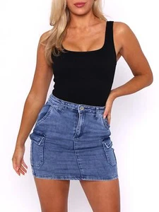 Womens Denim Skirt Mid Blue Cargo Mini Length Skirts Size 6 8 10 12 14 - Picture 1 of 8