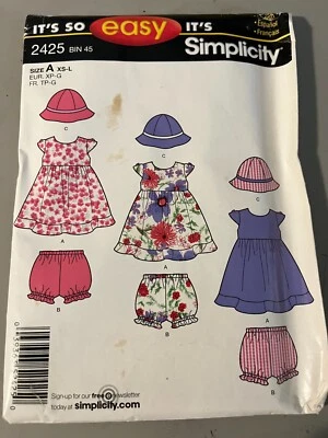 SIMPLICITY  SEWING PATTERN-#2425-DRESS, PANTIES, SUNHAT-SIZE XS-LG IT'S SO EASY - Image 1 of 2