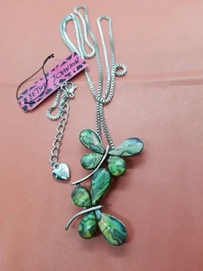 Betsey Johnson Abalone Libellen 2 in 1 Pin oder Halskette silberfarben Box Kette - Bild 1 von 8
