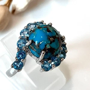 925 Sterling Silver Turquoise & Swiss Blue Topaz Dress Ring Size N 1/2 Gemporia - Picture 1 of 6